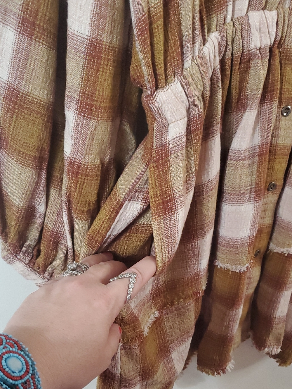 We The Free By The Way Plaid Button-Front Shirt Dress in Brown and Cream Size Md - Picture 7 of 16